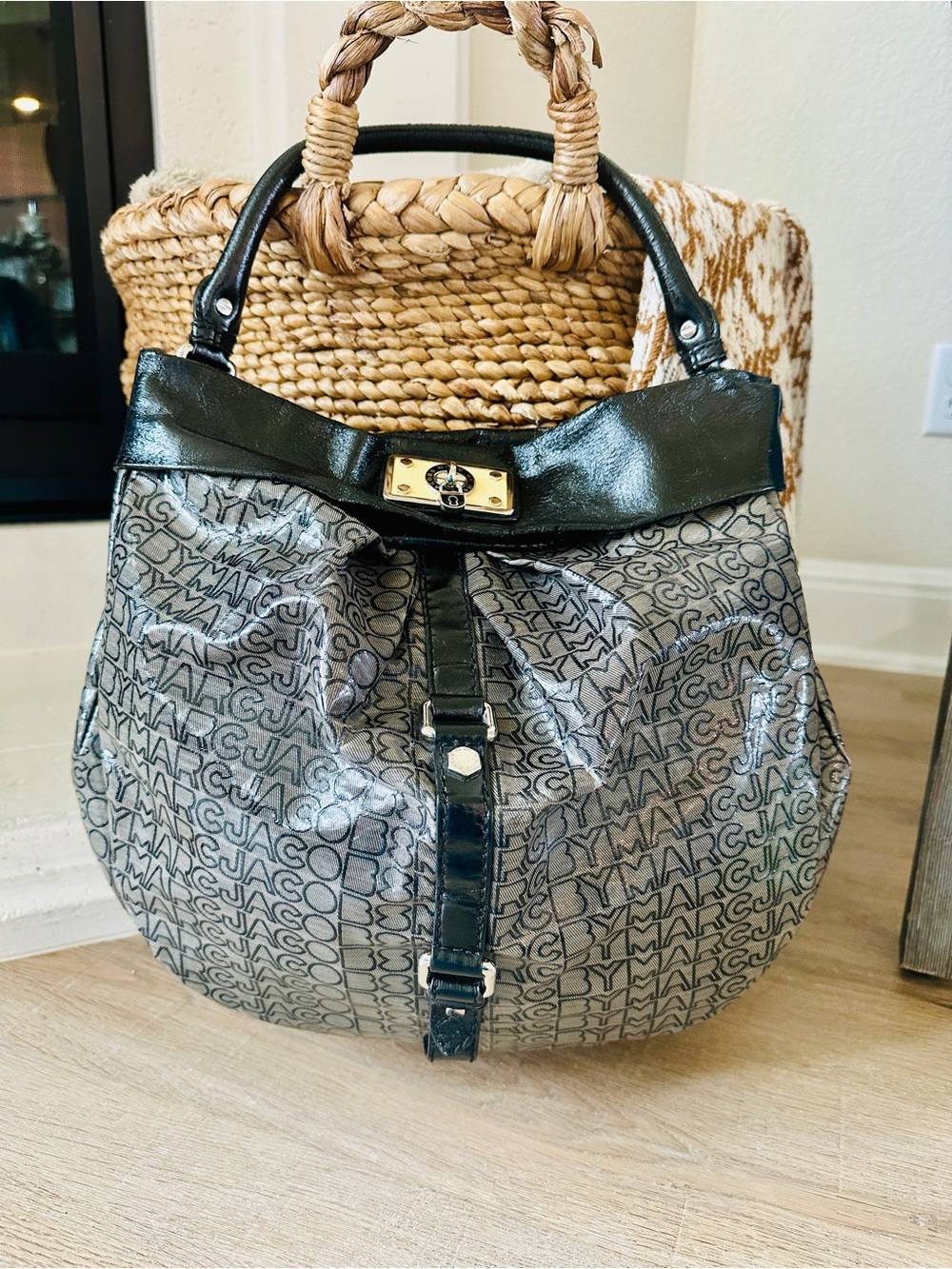 Marc by Marc Jacobs Black & Gray Monogram Vinyl Jelly Lil Riz Hobo Shoulder Bag